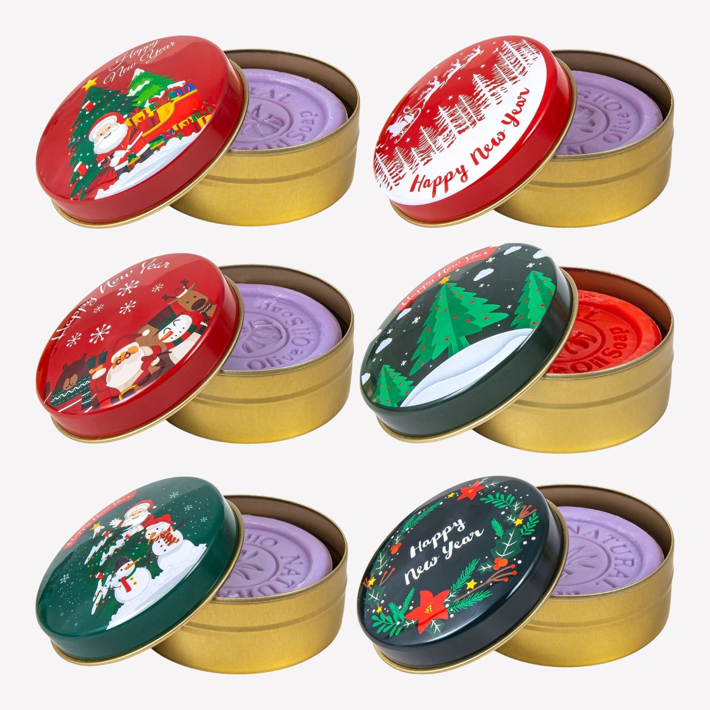 Natürliche Olivenölseife in festlicher Metalldose - 6er Set - Weihnachtsmotive - Duftmix