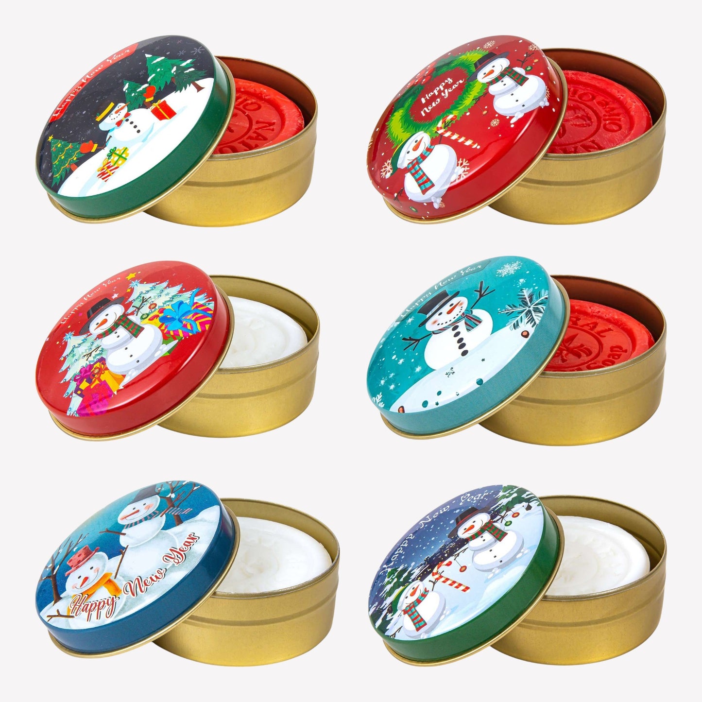 Natürliche Olivenölseife in festlicher Metalldose - 6er Set - Schneemänner - Duftmix
