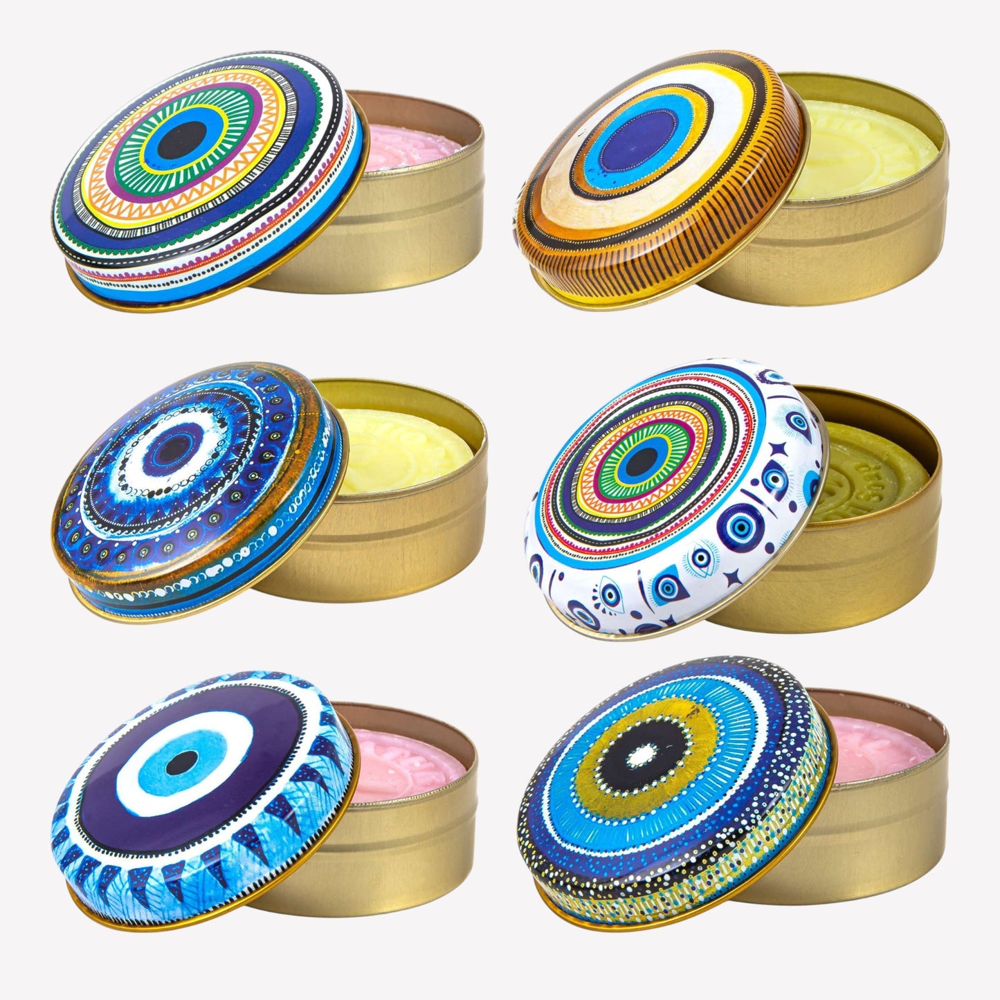 Natürliche Olivenölseife in dekorativer Dose - 6er Set - Evil Eye - Duftmix